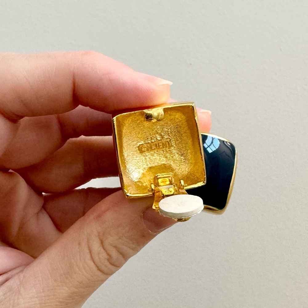Vintage 80s C.M.Lent Gold & Navy Enamel Square Fashion Clip-On Earrings - Picture 5 of 16